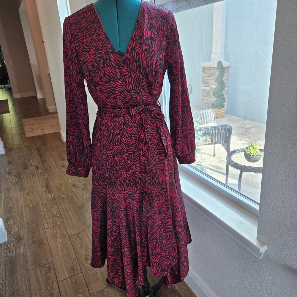 Vince Camuto Womens Side Snap Dress Pink & Black Lined Tiered Flare Hem Sz Small